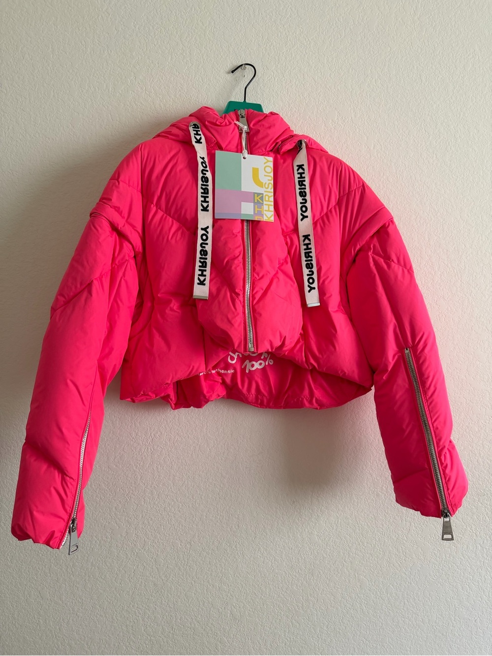 Khrisjoy Flamingo Hot Pink Crop Puffer Jacket with D Removable Hood and Sleeves
